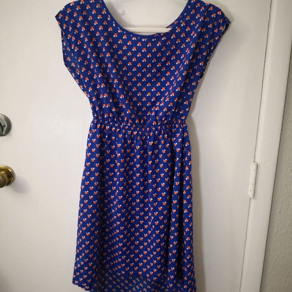 Trinity Orange/Blue Print High Low Midi Dress S Trad Wife Fairycore Minimalist